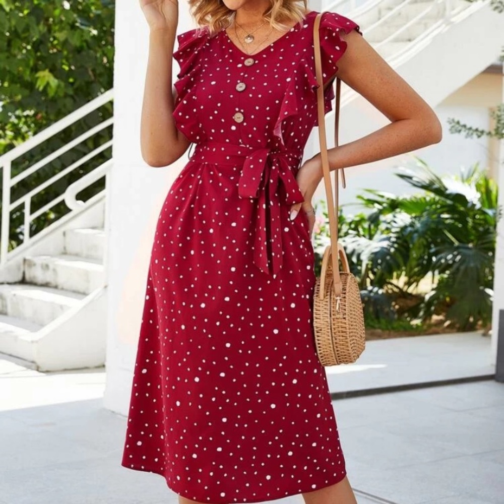 Confetti print ruffle trim belted dress